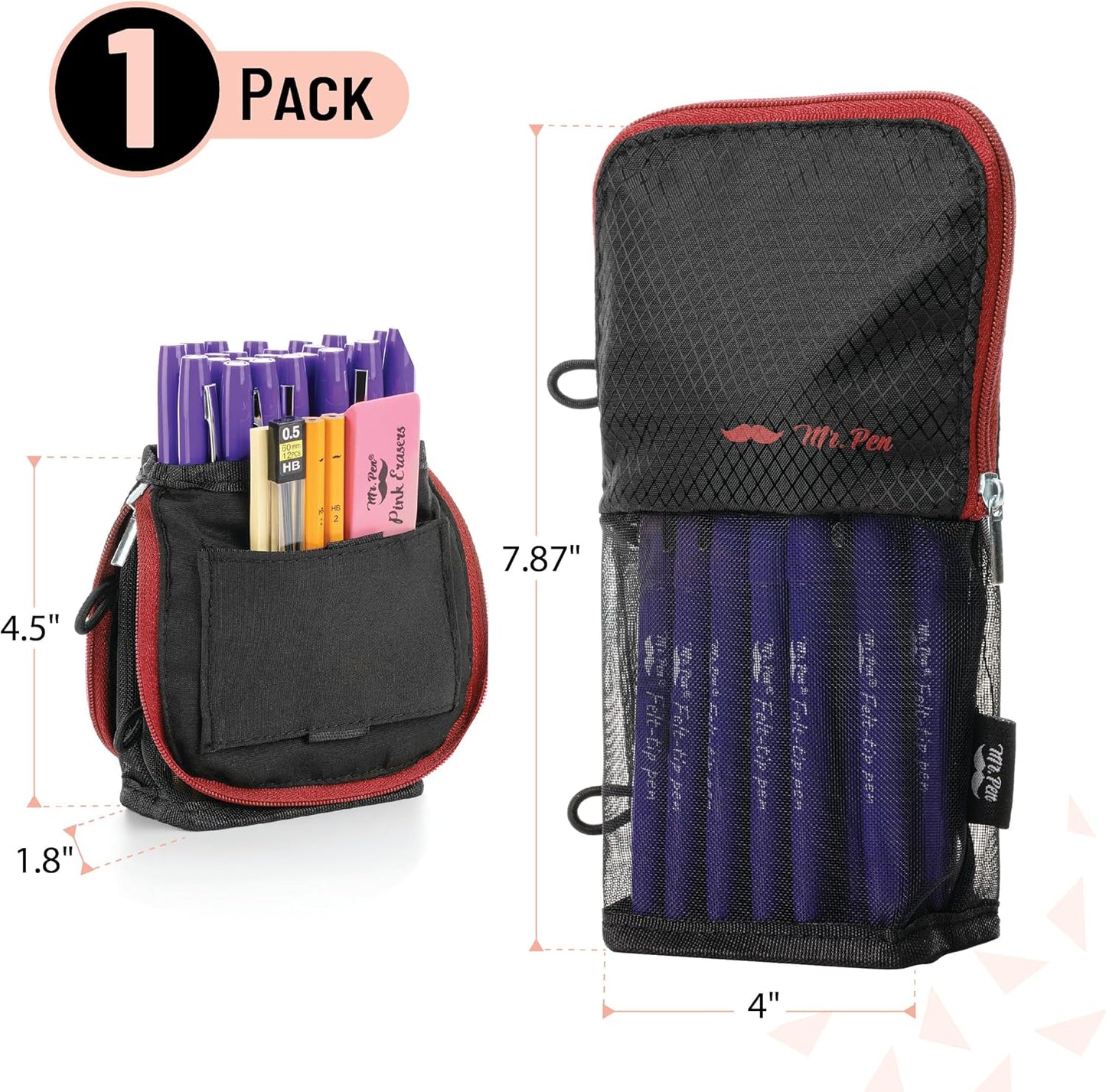 Mr. Pen- Standing Pencil Case Pouch, Sit & Lay Mesh-View Design, Black & Gray, Interior Pocket & 2 Elastic Binder Loops, Cute Pencil Case for Girls and Boys
