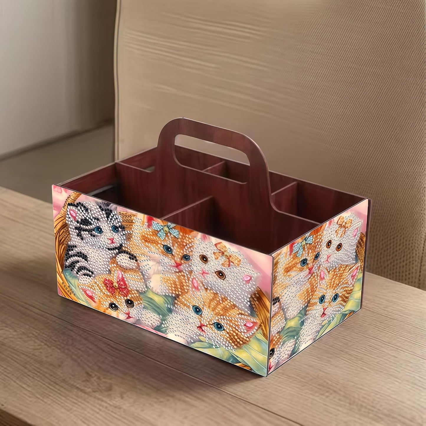 LSQFS DIY Diamond Painting Storage Box, Wooden Multi-Grid Organizer with Handle, Portable Desktop Caddy for Art Kits, Craft Tools, Makeup Brushes, Stationery Home Office