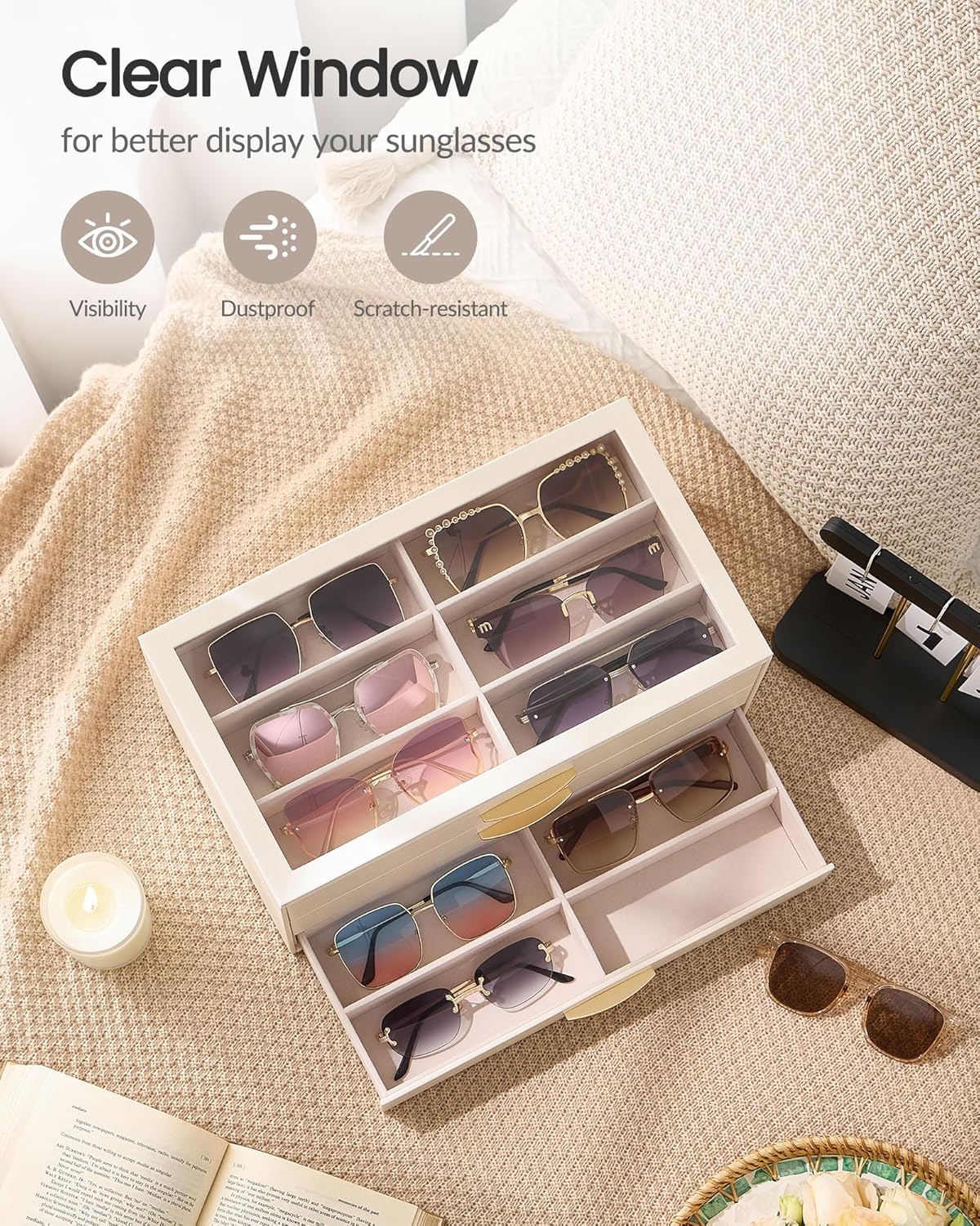 Lolalet Sunglasses Organizer for women, Multi Eyewear Storage Box with Drawer, Glasses Case Display Holder with Clear Top