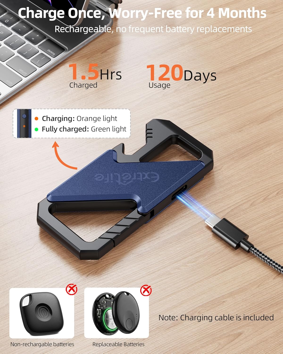 Keychain, Works with Apple Find My, Heavy Duty Keychain Bottle Opener, Carabiner Car Key Chains for Men & Women, Car Key Fob Holder, Anti-Lost Keys Tracker, Smart Keys Finder, Rechargeable, Black