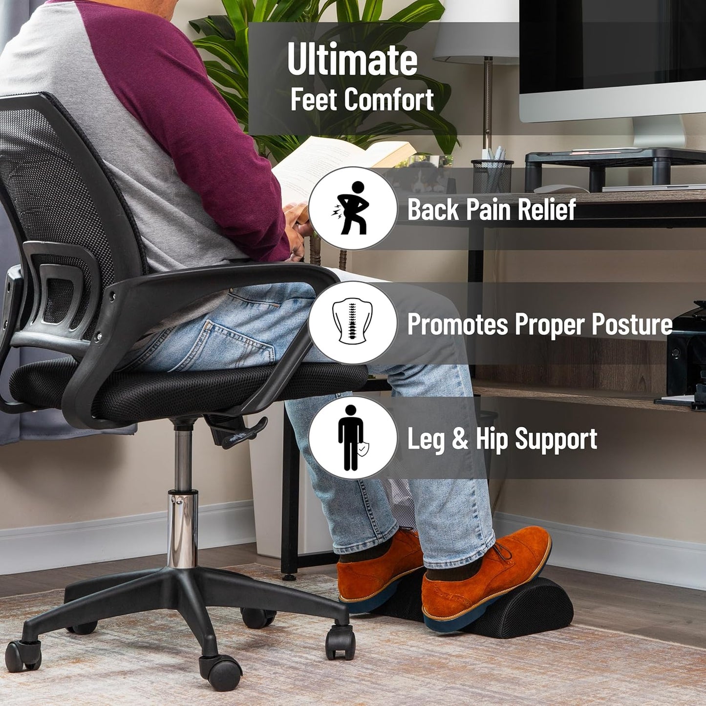 Mind Reader Air-Cloud Memory Foam Under Desk Footrest, Ergonomic Support for Back, Hip, Legs, Knees & Feet, Adjustable Height, Memory Foam, Black