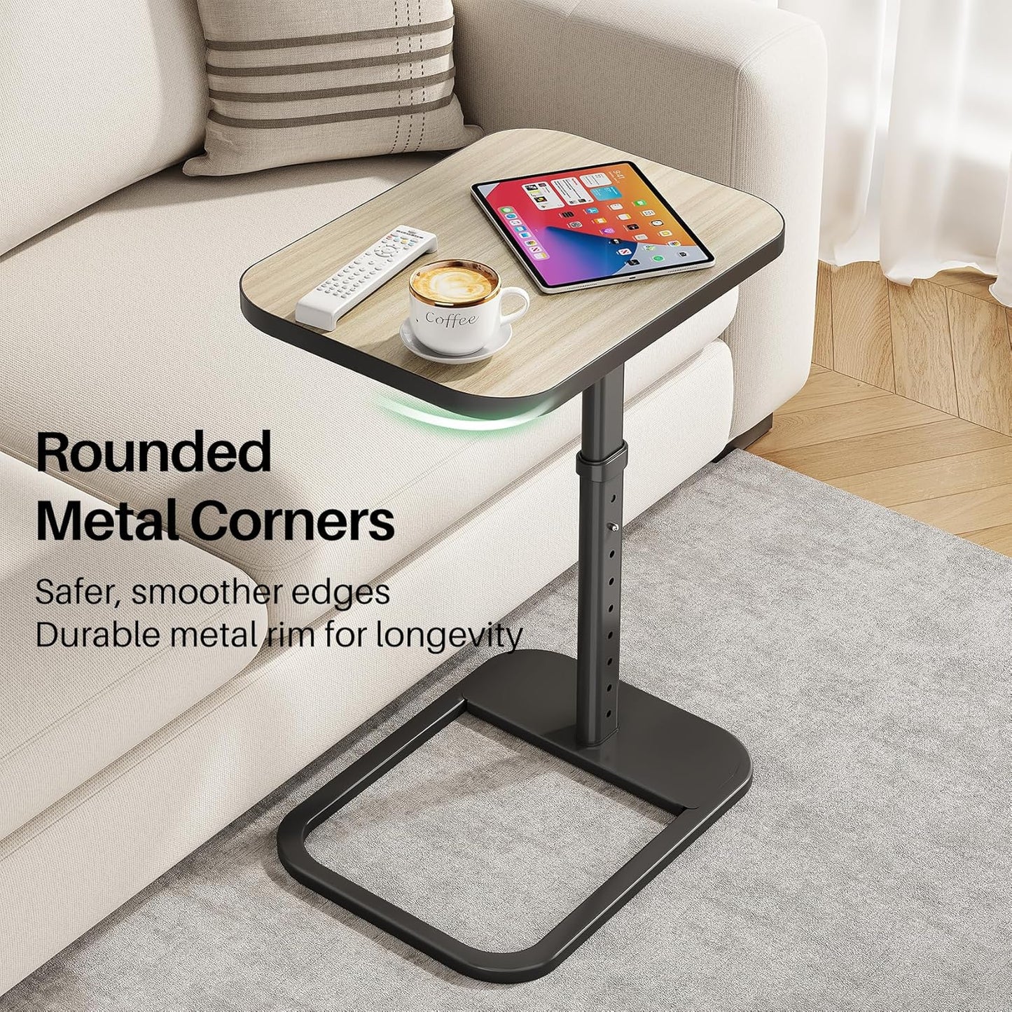 Kitstorack TV Tray Table, Adjustable Height & Flip-Top & Rounded Metal Corners, Snack Table for Couch, Sofa, Bed, Chair, Living Room, C Shaped End Side Table for Eating, Dinner or Laptop, Small Spaces
