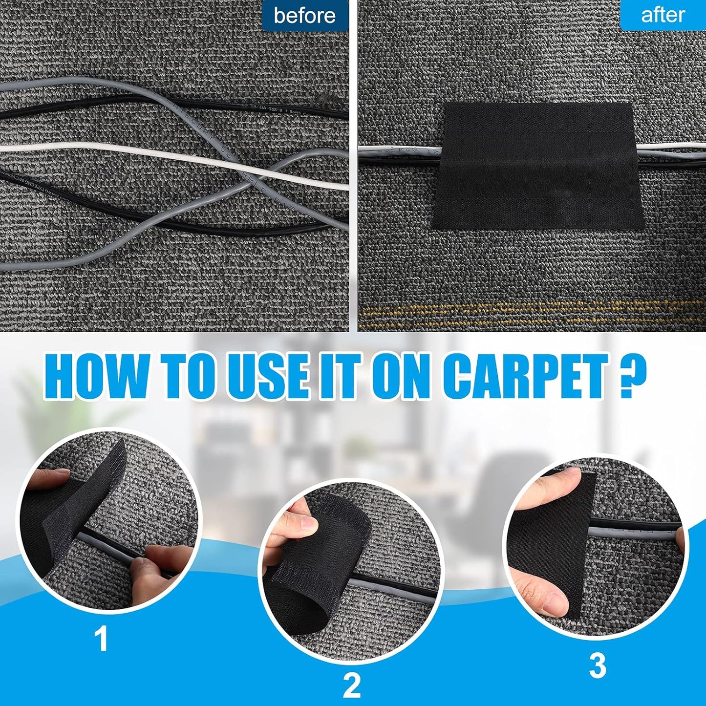 WILLBOND Carpet Cord Cover Cable Protector Floor Cover Cable Protector Management Only for Commercial Office Carpet(19.69 ft,Black)