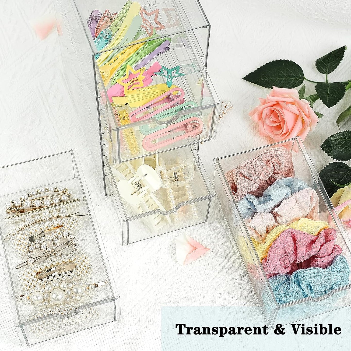Clear Hair Accessories Organizer Box with 6 Layers, Acrylic Stackable Storage Drawers for Hair Ties, Claw Clips, Bow Holder for Girls, Vanity Makeup Organizer, Bathroom or Desk Countertop Container