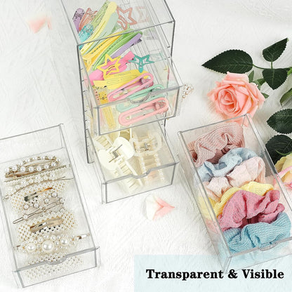 Clear Hair Accessories Organizer Box with 6 Layers, Acrylic Stackable Storage Drawers for Hair Ties, Claw Clips, Bow Holder for Girls, Vanity Makeup Organizer, Bathroom or Desk Countertop Container