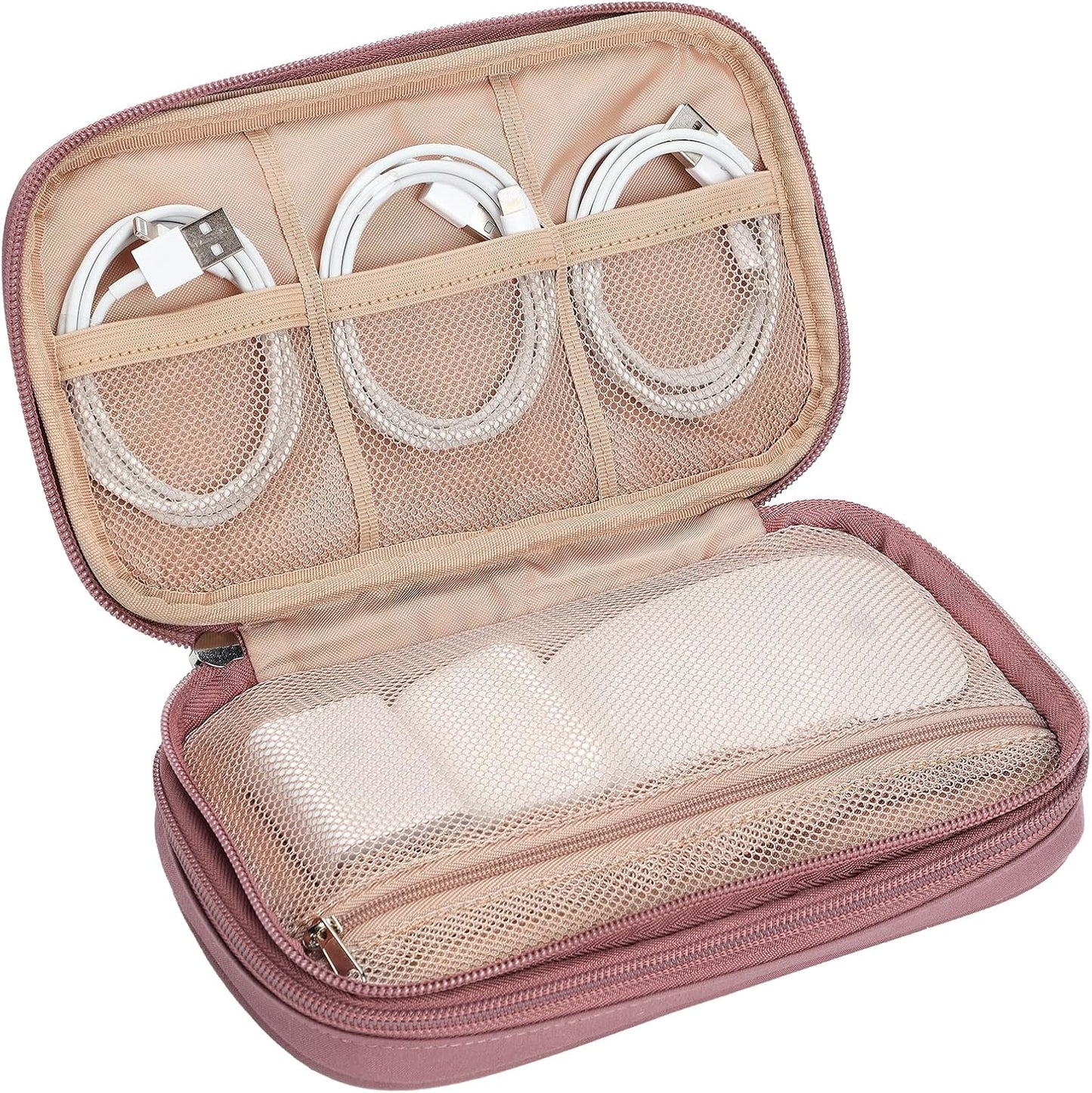 NISHEL Travel Cord Organizer Case, Double Layers Tech Electronic Bag, Essentials for Charger, Cable, Phone, Flash drive, Medium, Pink