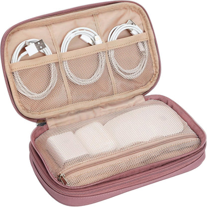 NISHEL Travel Cord Organizer Case, Double Layers Tech Electronic Bag, Essentials for Charger, Cable, Phone, Flash drive, Medium, Pink
