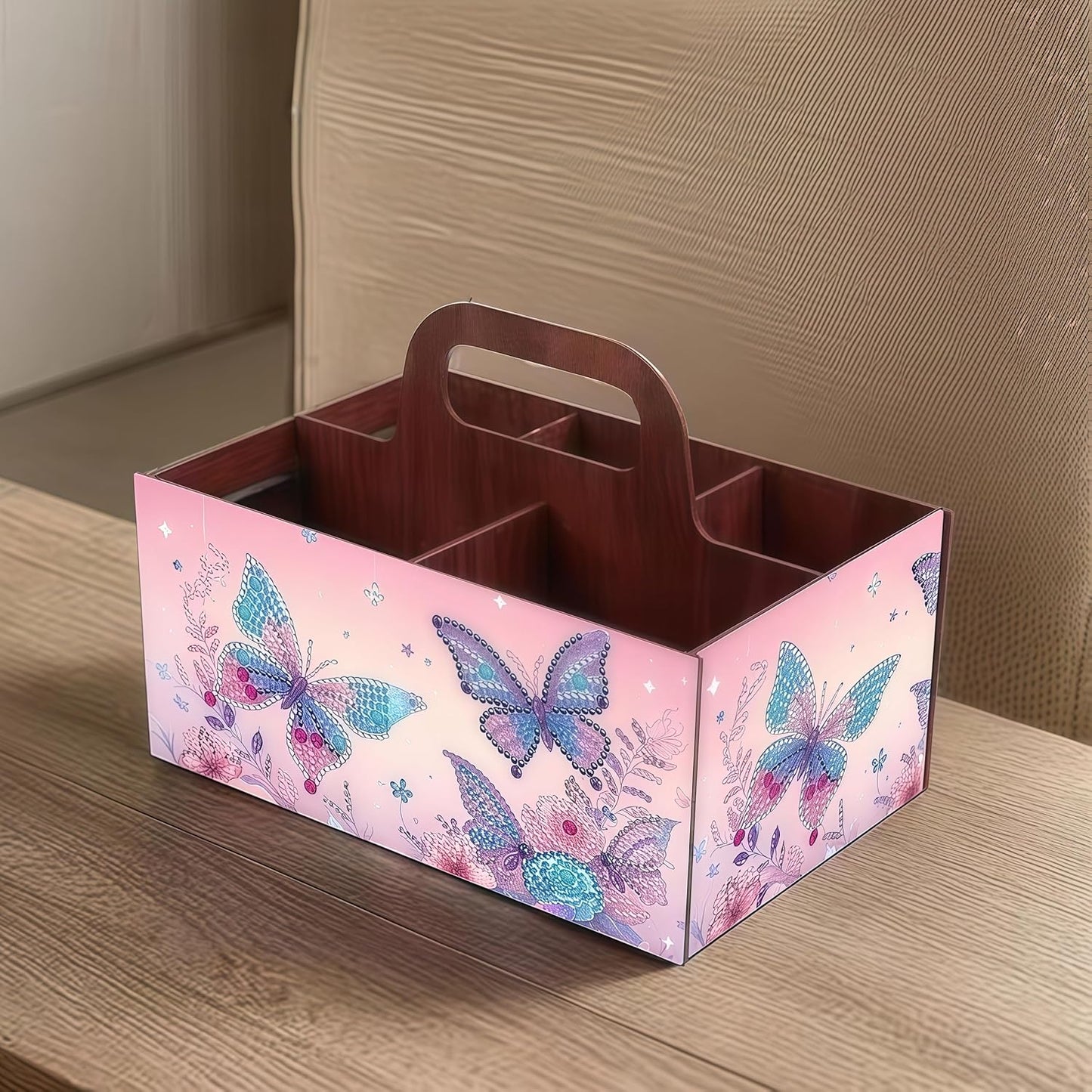 LSQFS DIY Diamond Painting Storage Box, Wooden Multi-Grid Organizer with Handle, Portable Desktop Caddy for Art Kits, Craft Tools, Makeup Brushes, Stationery Home Office