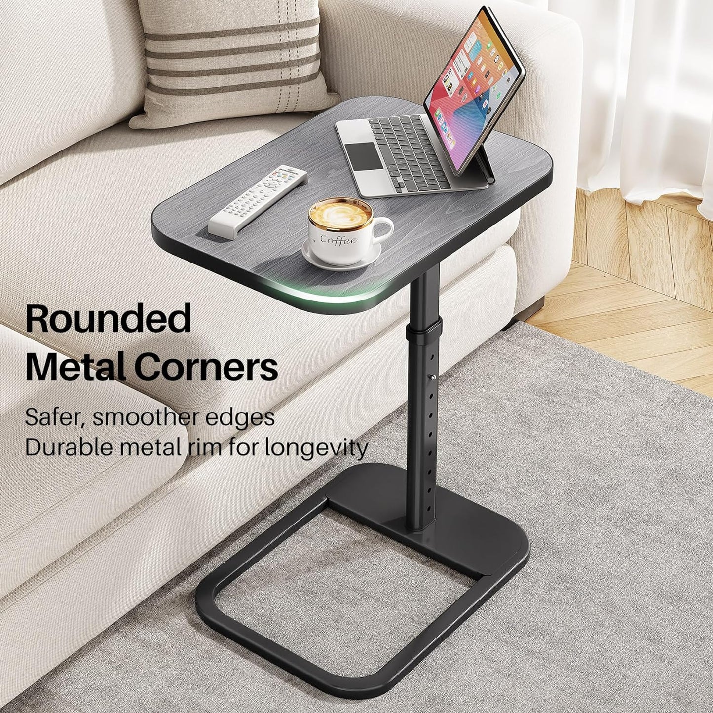 Kitstorack TV Tray Table, Adjustable Height & Flip-Top & Rounded Metal Corners, Snack Table for Couch, Sofa, Bed, Chair, Living Room, C Shaped End Side Table for Eating, Dinner or Laptop, Small Spaces