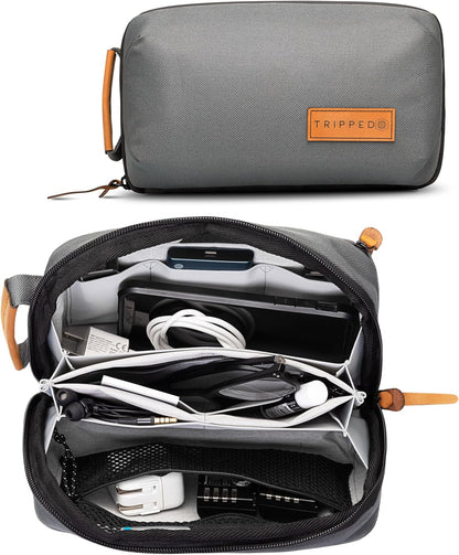 Tech Bag Organizer - Small Electronics Organizer Pouch for Travel - Premium Travel Case with Leather Accents - Mesh Pocket for Cables, Cords and Chargers (Black)
