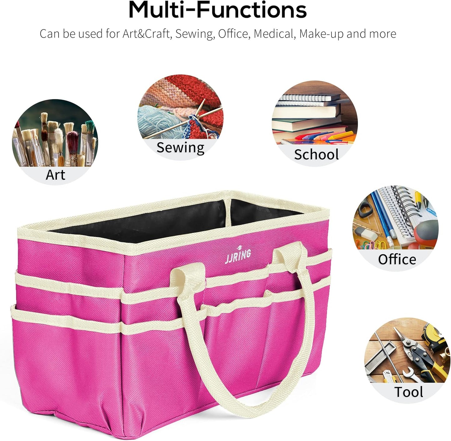 Jjring Craft and Art Organizer Tote Bag - 600D Silver Nylon Fabric Art Caddy with Pockets - for Art, Craft, Sewing, Medical, and Office Supplies Storage