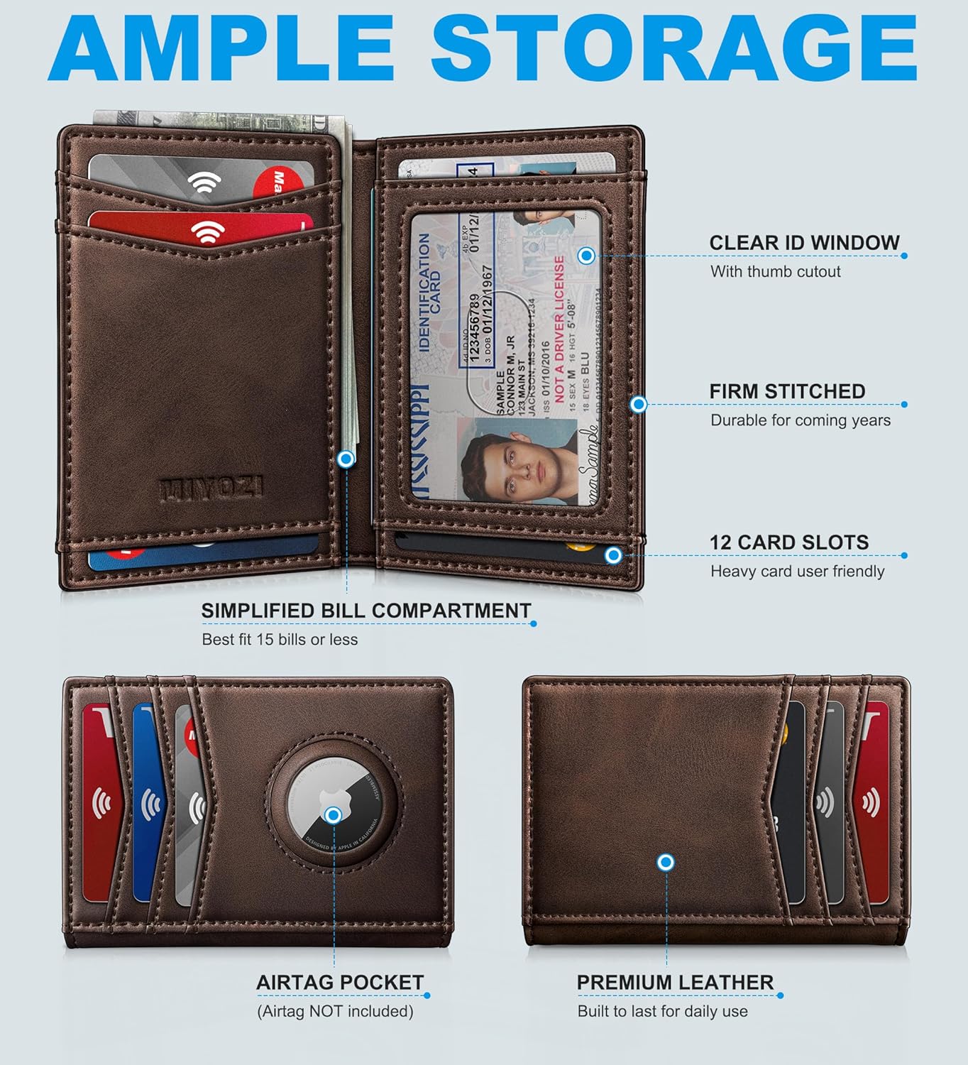 miyozi Airtag Slim Leather Wallet for Men - 12-Card Capacity, Magnetic Closure, Money Clip & Simplified Bill Compartment, RFID Blocking (4.3" x 3.0") | Gift Boxed