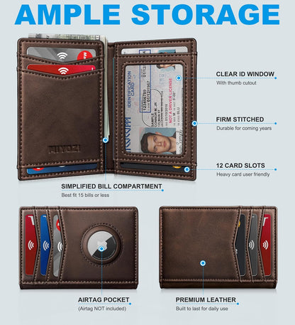 miyozi Airtag Slim Leather Wallet for Men - 12-Card Capacity, Magnetic Closure, Money Clip & Simplified Bill Compartment, RFID Blocking (4.3" x 3.0") | Gift Boxed