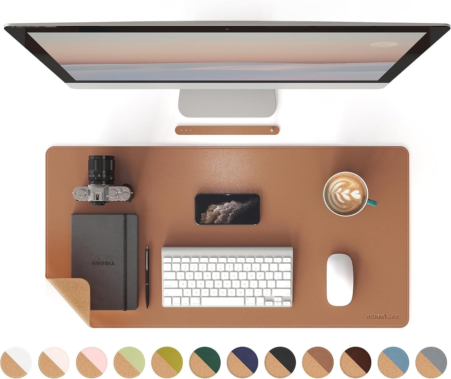RENMTURE Dual-Sided Mouse Pad, Natural Cork & PU Leather Large Desk Pad for Office and Home Work, Desk Protector Non-Slip, Waterproof, Easy Clean (Olive Green, 32"x16")