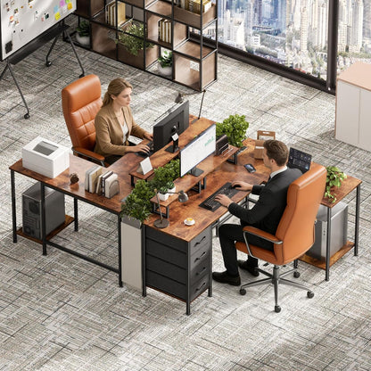 Korfile 59 inch L Shaped Computer Desk with Power Outlets, Home Office Desk with 4 Adjustable Storage Drawers & 2 Monitor Stands, Two Person Gaming Table for Bedroom, Black