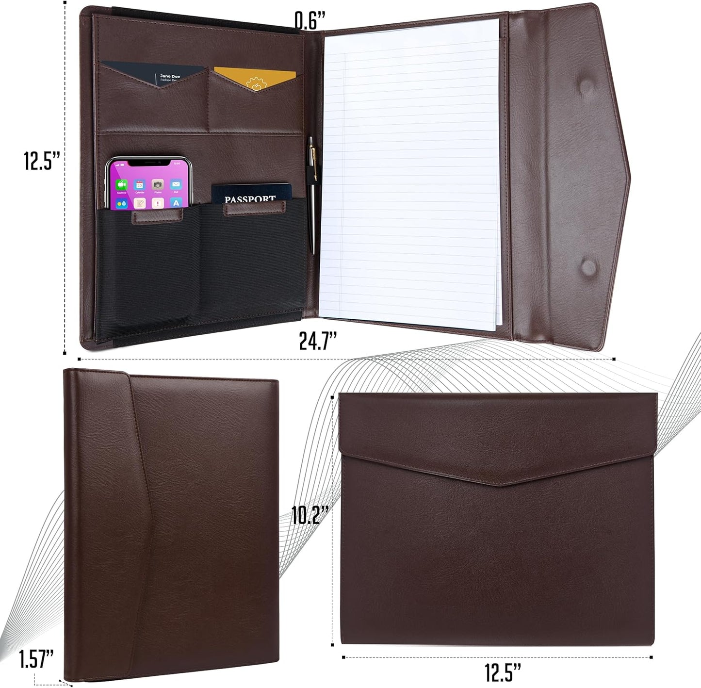 STYLIO Padfolio Portfolio Organizer Binder | Interview Resume Folder, Legal Document, Business Card Holder |w/Letter-Sized Notepad | Handsome Piano Noir Faux Leather Folio Matte Finish, Accent Stitch