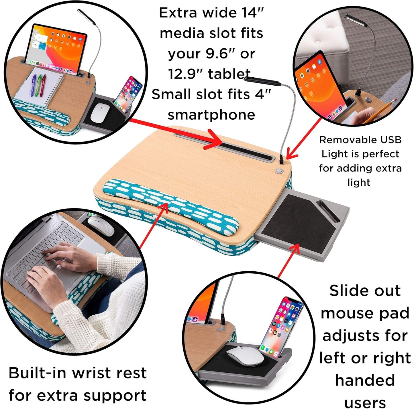 BIRDROCK HOME Deluxe Lap Desk with Pillow Cushion and Wrist Rest - Padded Laptop Desk for Bed, USB Light and Mouse Pad, With Reading Light, Soft Table for Home, Fits Laptops Up to 15" - Teal and Brown