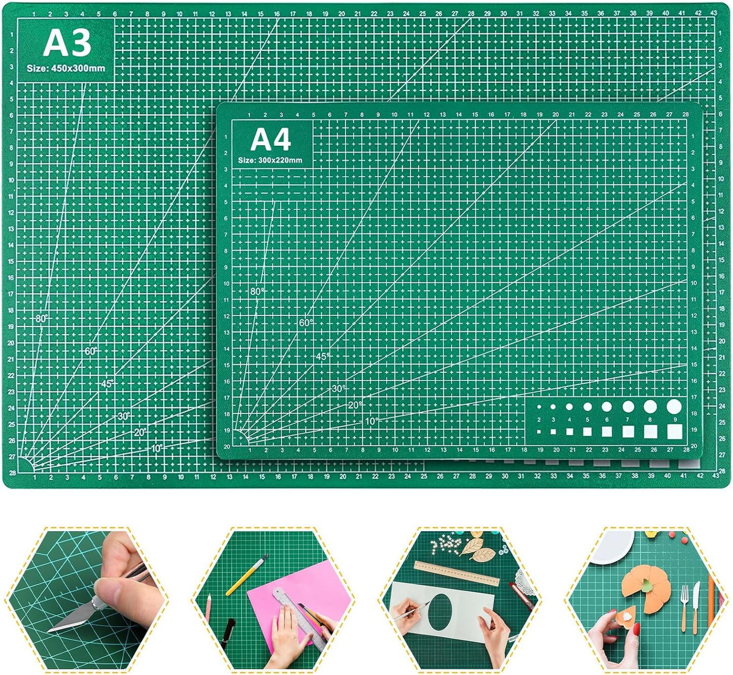 2 Pcs Large Cutting Mat Self Healing,Double Sided,Grid Line And Angles Help To Cut Precisely,Craft Mats for Scrapbooking, Quilting, Sewing and All Arts,Non Slip & Easy Clean ((A3 & A4 Green)