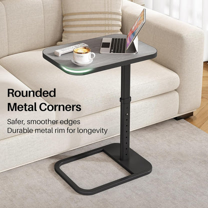 Kitstorack TV Tray Table, Adjustable Height & Flip-Top & Rounded Metal Corners, Snack Table for Couch, Sofa, Bed, Chair, Living Room, C Shaped End Side Table for Eating, Dinner or Laptop, Small Spaces
