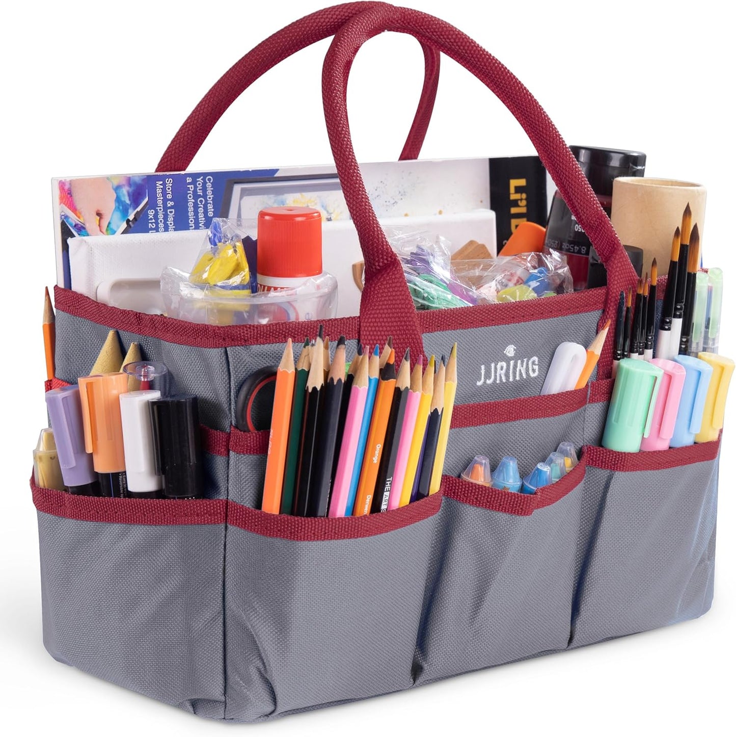 Jjring Craft and Art Organizer Tote Bag - 600D Silver Nylon Fabric Art Caddy with Pockets - for Art, Craft, Sewing, Medical, and Office Supplies Storage