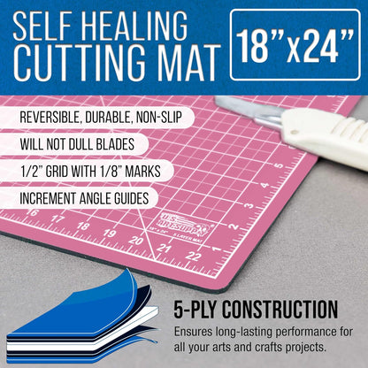 U.S. Art Supply 18" x 24" Self-Healing Cutting Mat 5-Ply - Double-Sided Pink/Blue Craft Mat, Non-Slip Cutting Mats for Crafts, Sewing, Quilting, Scrapbooking