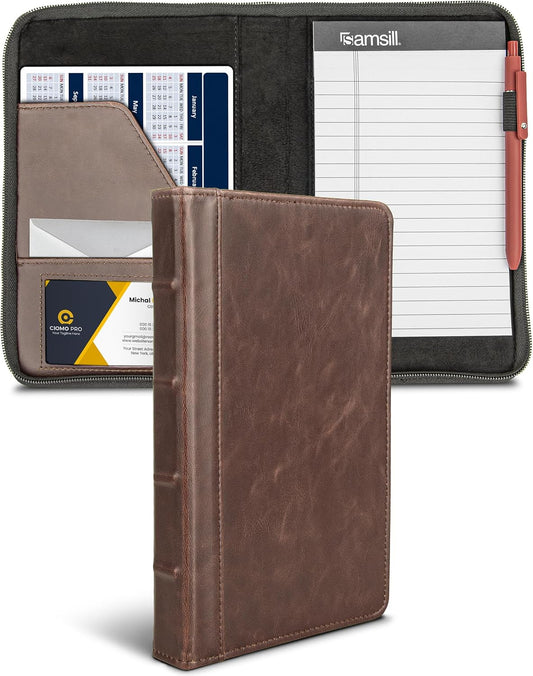 Samsill Small Vintage Portfolio/Zipper Faux Leather Portfolio, Book Style Hardback Design, Business & Interview Padfolio Organizer, Holds 5 x 8 Writing Pad, Dark Brown