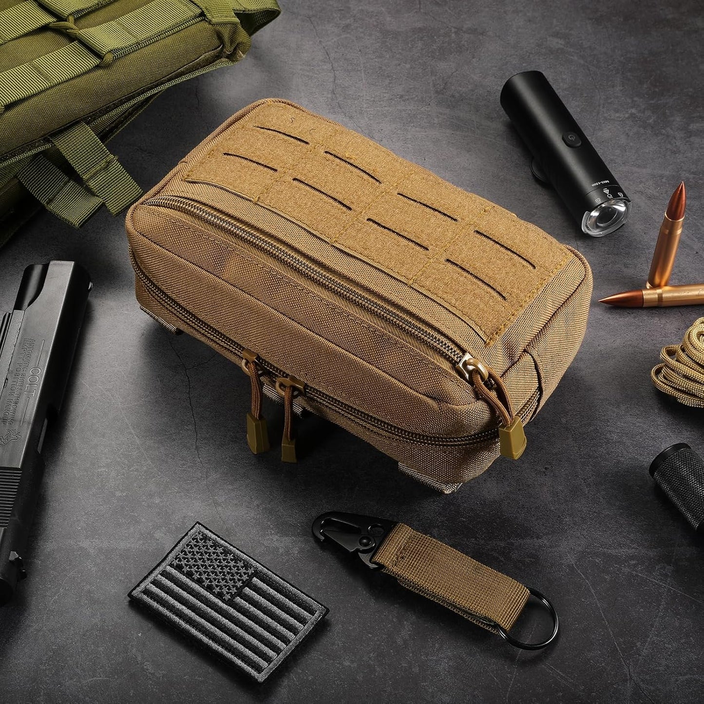 FRTKK Tactical Molle Admin Pouch Utility Laser Cut EDC Tool Pouch Bag Horizontal Modular Pouches Include US Flag Patch and Keychain