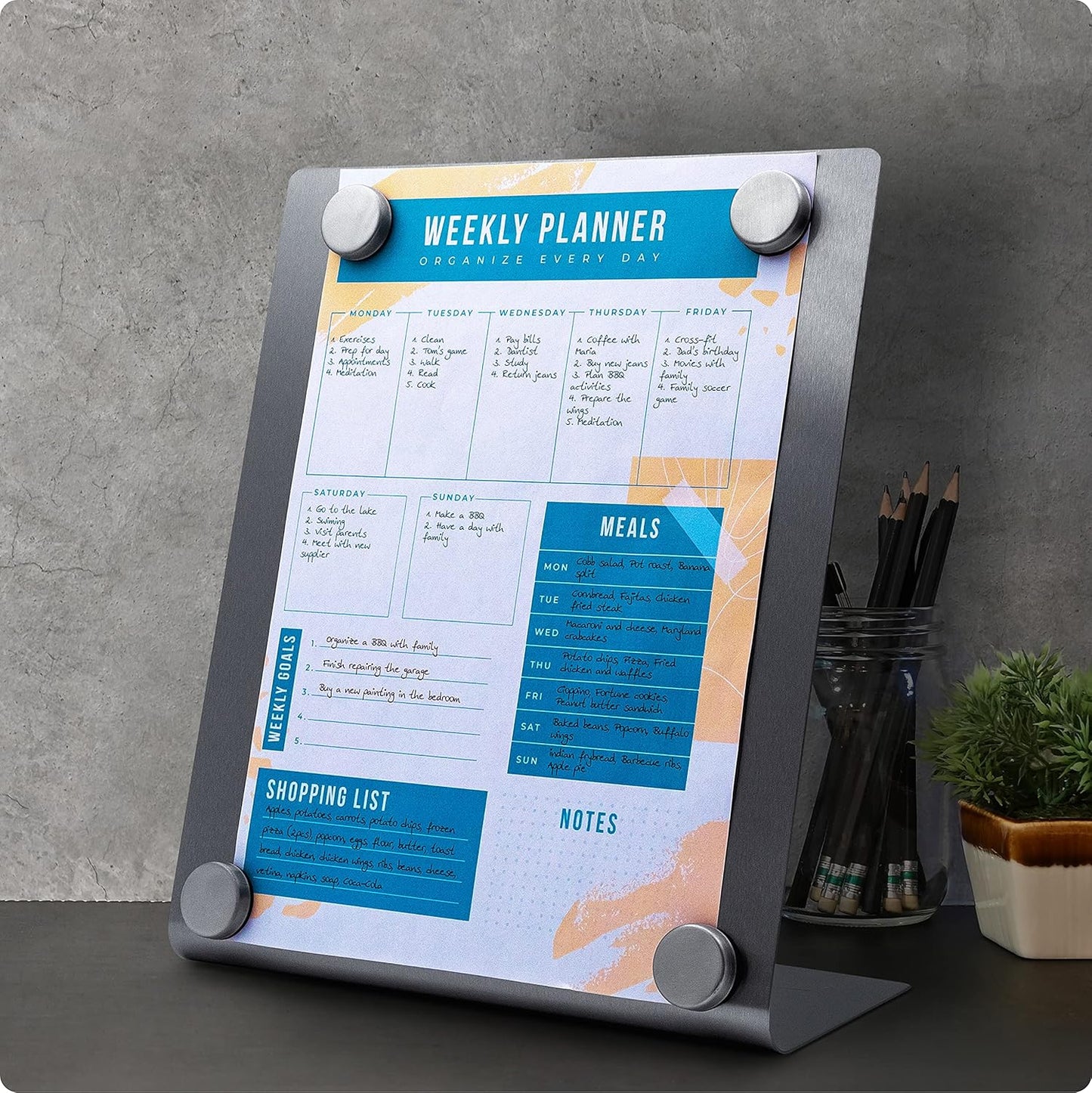 Large Magnetic Bulletin Board for Tabletops – Dry Erase Memo Board with Stand – Metal Easel for Magnet Display – 12x10 Inches + 4 Magnets