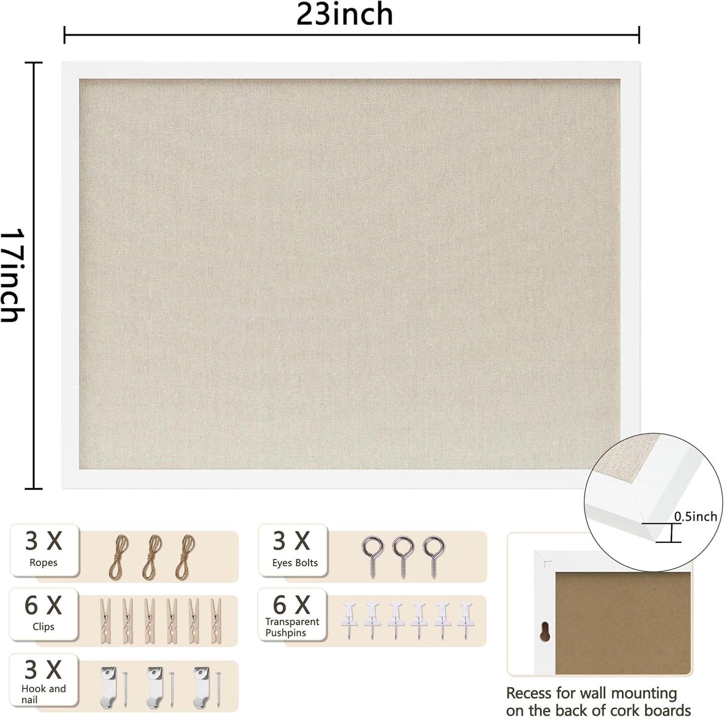 DAHAPYBOO Cork Board with Linen White,Bulletin Board 17"x12" Hanging Corkboards for Office Home School Message Board or Vision Board Decoration.