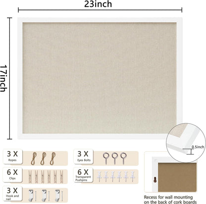 DAHAPYBOO Cork Board with Linen White,Bulletin Board 17"x12" Hanging Corkboards for Office Home School Message Board or Vision Board Decoration.