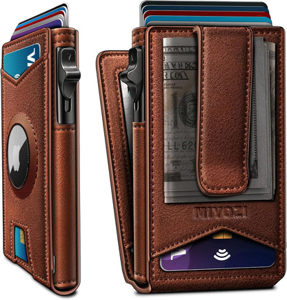 miyozi Airtag Wallet for Men Money Clip 9-Card Pop-Up Credit Card Holder with ID Window RFID Blocking Metal Case Magnetic Closure Front Pocket Wallet Gift Box | with Money Clip