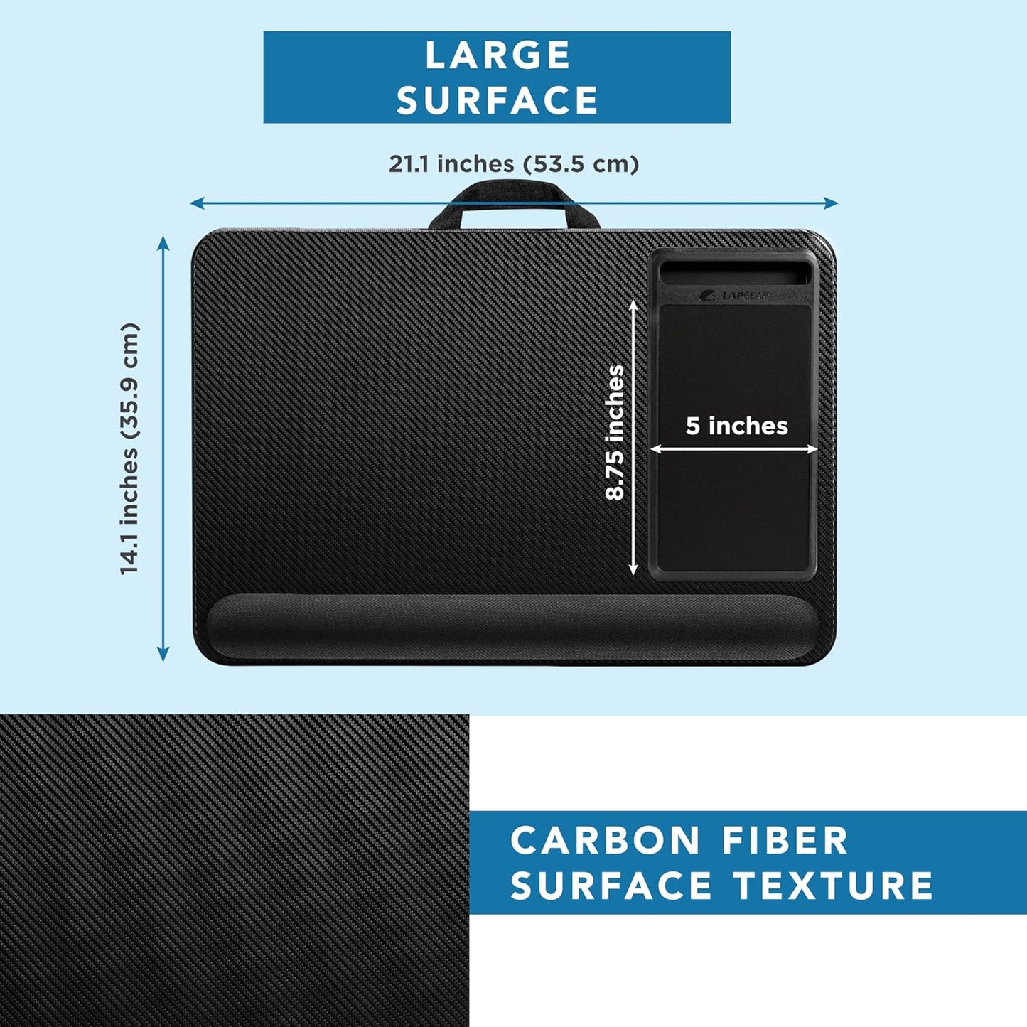 LAPGEAR Home Office Lap Desk with Device Ledge, Mouse Pad, and Phone Holder - Black Carbon - Fits up to 15.6 Inch Laptops - Style No. 91588