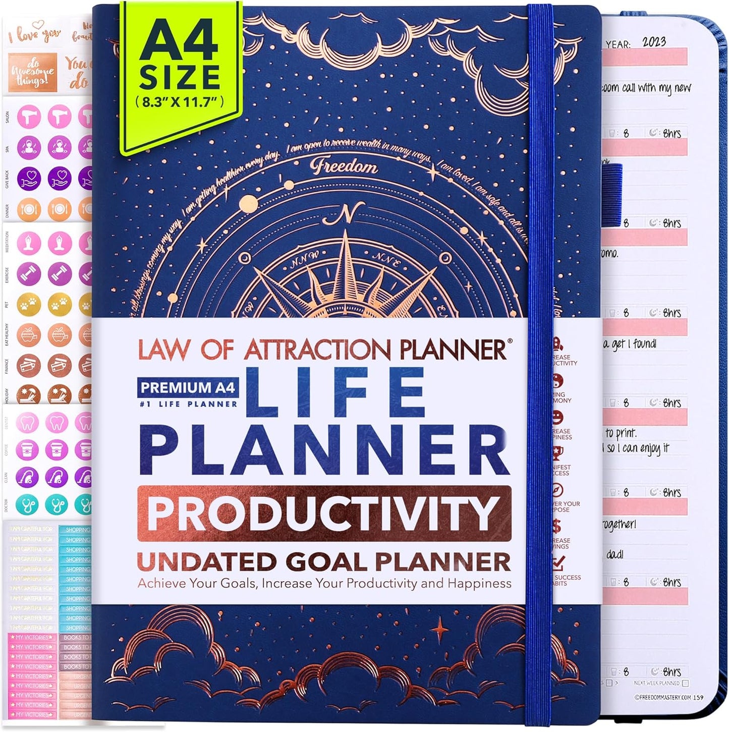 Life Planner - Undated Weekly & Monthly Planner, 12-Month Journey to Increase Productivity | Gratitude Journal, Life Organizer & Goal Journal | Include Foldable Vision Board, Habit Tracker & Stickers