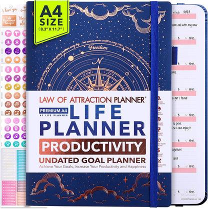 Life Planner - Undated Weekly & Monthly Planner, 12-Month Journey to Increase Productivity | Gratitude Journal, Life Organizer & Goal Journal | Include Foldable Vision Board, Habit Tracker & Stickers