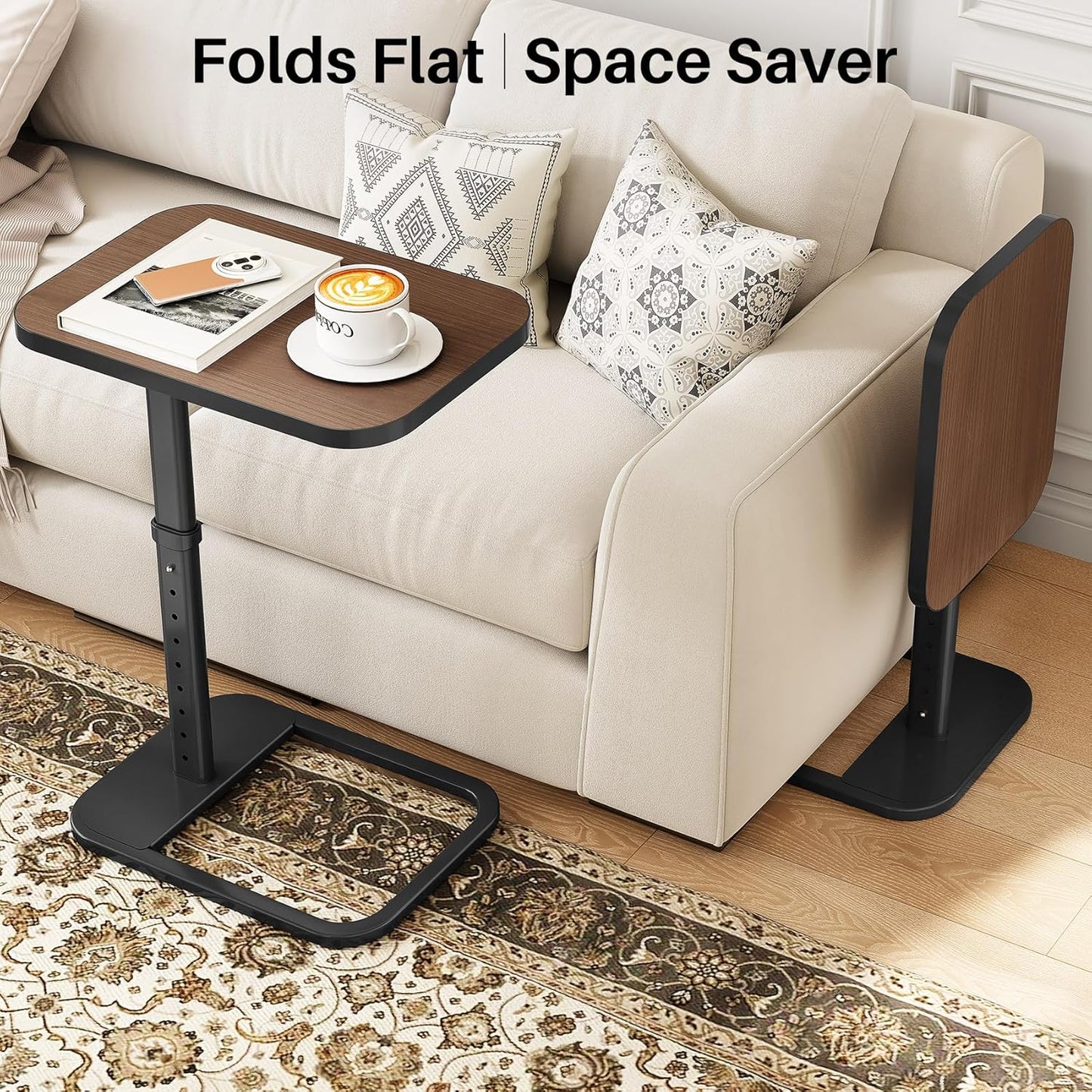 Kitstorack TV Tray Table, Adjustable Height & Flip-Top & Rounded Metal Corners, Snack Table for Couch, Sofa, Bed, Chair, Living Room, C Shaped End Side Table for Eating, Dinner or Laptop, Small Spaces