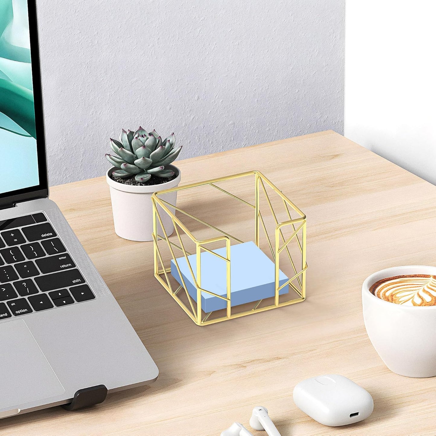 Rose Gold Geometric Sticky Note & Memo Cube Holder, Post Note Dispenser & Desk Organizer Metal Wire for Home, School, Office Supplies (Holder Only)