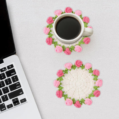 Flower Crochet Coasters, Handmade Bouquet Blanket Coaster with Crochet Plant Pot Fun Soft Decorative Drink Coasters for Coffee Tabletop Protection and Home Decor (Pink, 1Pc)