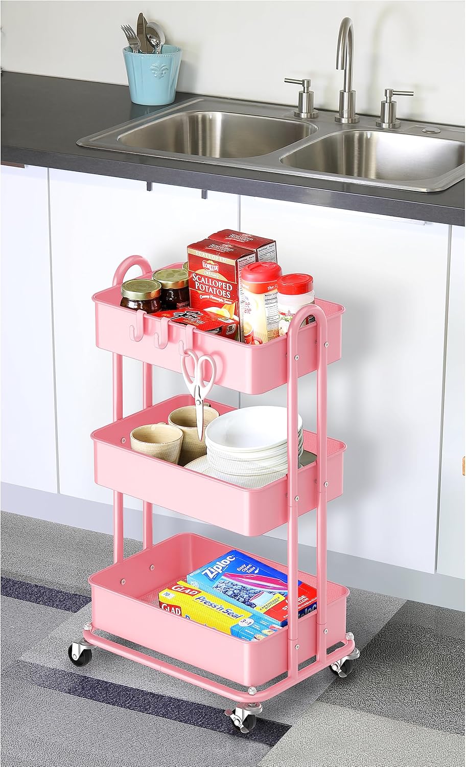 Simple Houseware 3-Tier Heavy Duty Metal Utility Rolling Cart, White