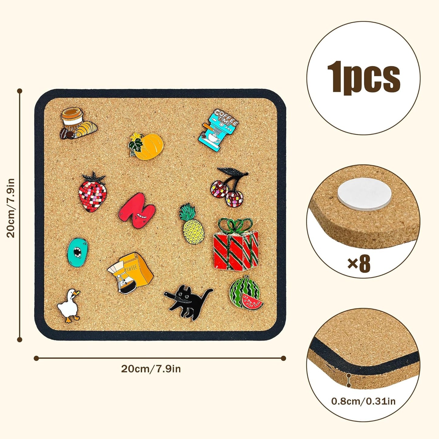 1pcs Rounded Square Pin Display Cork Board - 7.9x7.9 inch Enamel Pin Board for Brooch and Pin Collection Display, Ideal for Home, Office and School Decor