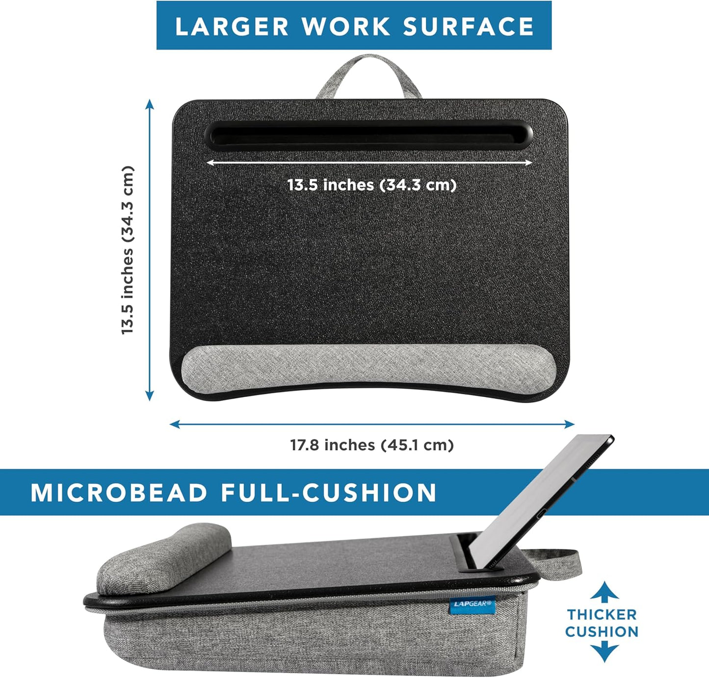 LAPGEAR Portable Laptop Lap Desk with Pillow Cushion, Anti-Slip Strip, Tablet or Phone Storage Slot, Pen and Pencil Pocket, and Wrist Rest - Espresso Woodgrain - Fits 15.6" Laptops - Style No. 91342