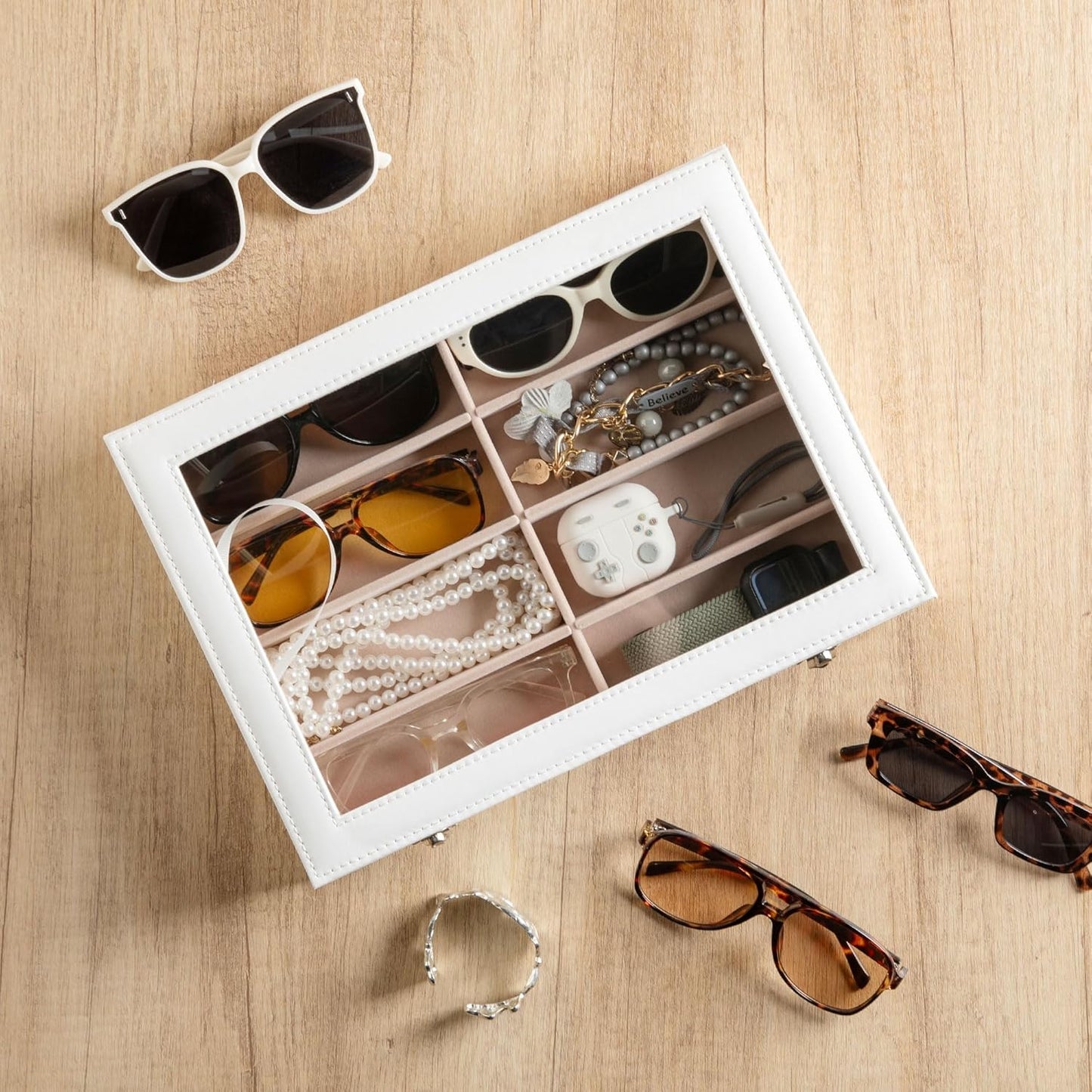 Frebeauty Sunglass Organizer,PU Leather Glasses Organizer,8-Slot Sunglasses Tray,Men's/Women's Sunglasses Box,Sunglass Case,13.3 x 9.6 x 1.5 Inches,Eyeglass/Eyewear Display Tray(Grey)