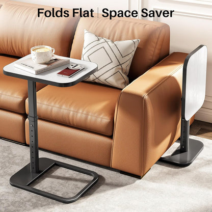 Kitstorack TV Tray Table, Adjustable Height & Flip-Top & Rounded Metal Corners, Snack Table for Couch, Sofa, Bed, Chair, Living Room, C Shaped End Side Table for Eating, Dinner or Laptop, Small Spaces