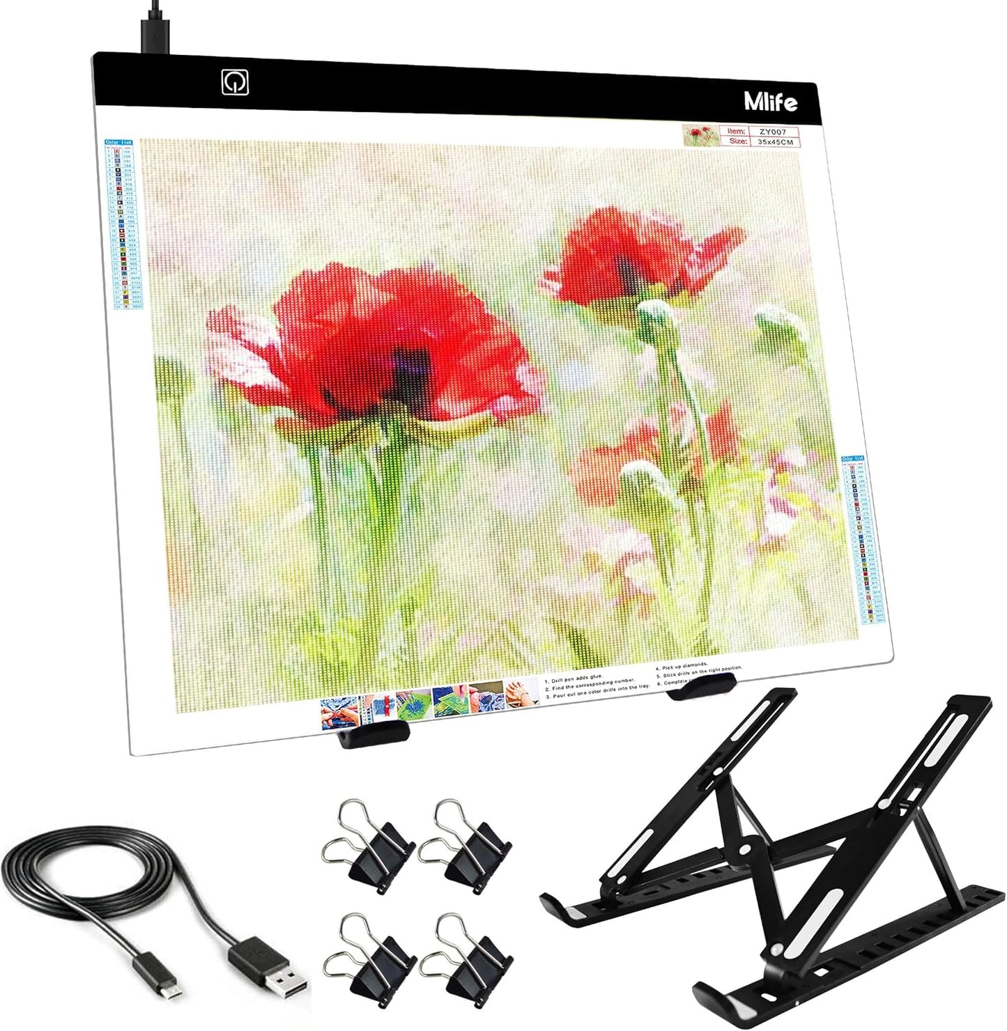 Mlife A2 LED Light Pad for Diamond Painting Kits, Diamond Art Light Board, USB Powered Tracing Light Board Diamond Art Accessories for Drawing, Sketching, Animation with Stand & 4 Fasten Clips