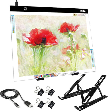 Mlife A2 LED Light Pad for Diamond Painting Kits, Diamond Art Light Board, USB Powered Tracing Light Board Diamond Art Accessories for Drawing, Sketching, Animation with Stand & 4 Fasten Clips
