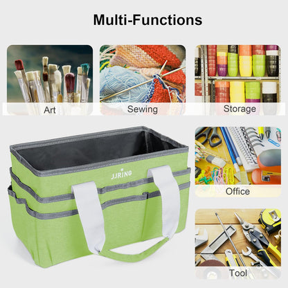 JJRING Craft Organizer Tote Bag for Art Storage, Caddy with Multiple Pockets, Bluish Green Sewing Bag for Scrapbooking, School, Medical, and Office Supplies