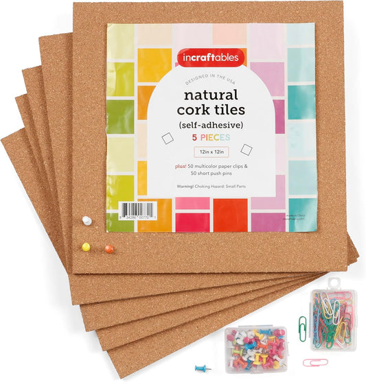 Incraftables Cork Board Tile Squares – 5 Piece 12x12 Self-Adhesive Squares for Bulletin Boards, Wall Corkboards, Vision Boards, Pin Boards, Office & Craft Projects