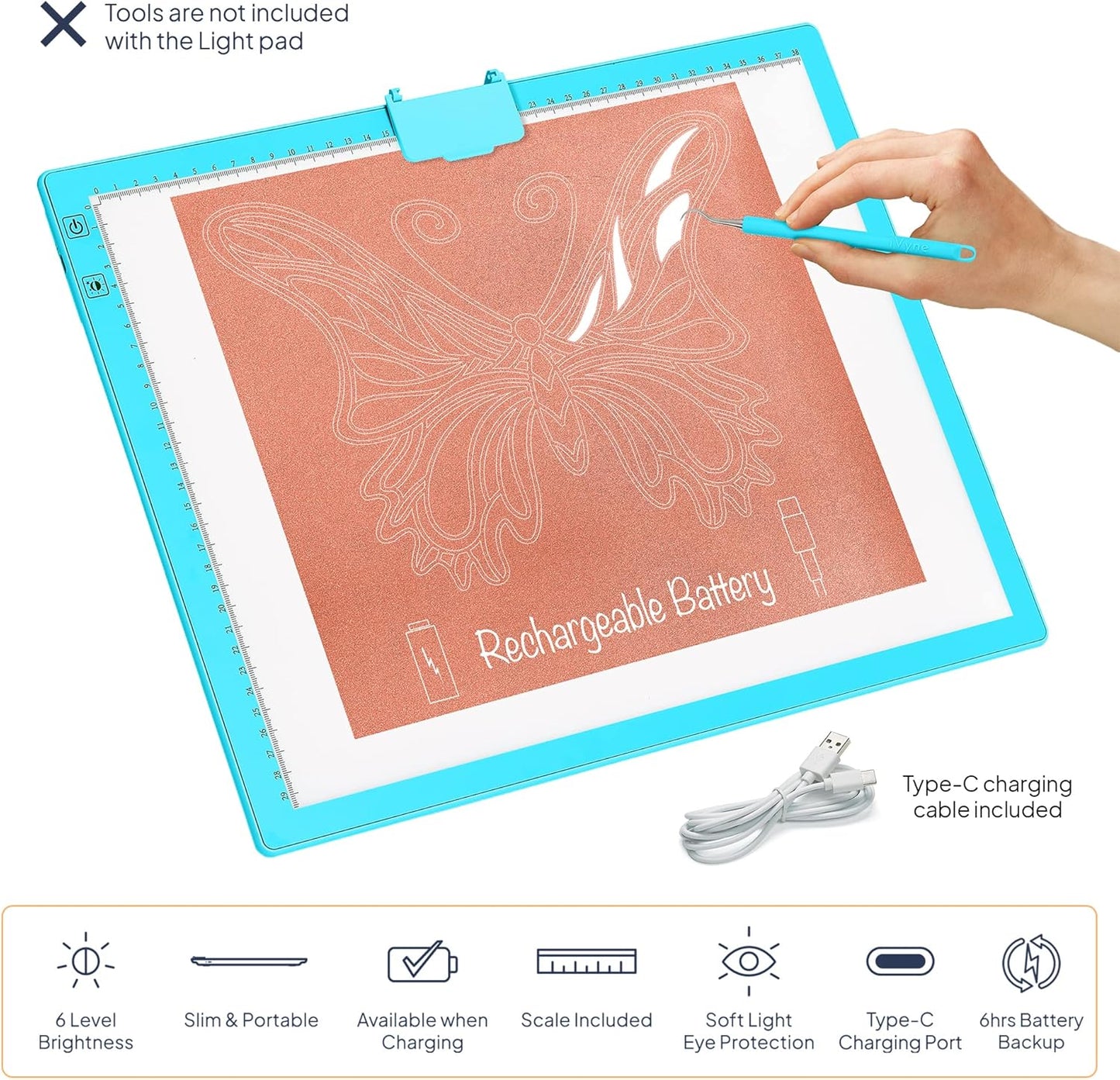 iVyne Rechargeable A3 Light Pad for Diamond Painting - LED Light Board for Weeding & Tracing - Diamond Art Light Pad - Ultra-Thin & Portable - Perfect for Artists & Crafters - Blue