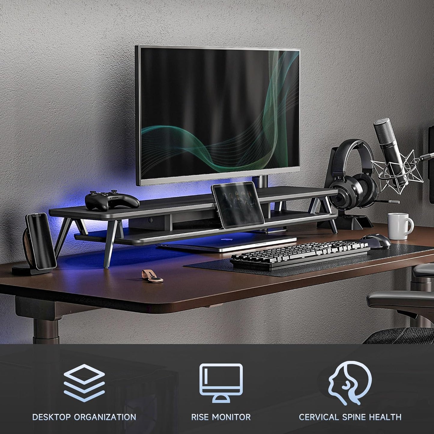 Fenge Dual Monitor Stand, Monitor Stands Riser for 2 monitors, 42.5 Inch Wood Desk Shelf with Storage Organizer and Cable Management for Office Desk Accessories