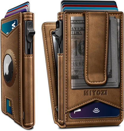 miyozi Airtag Wallet for Men Money Clip 9-Card Pop-Up Credit Card Holder with ID Window RFID Blocking Metal Case Magnetic Closure Front Pocket Wallet Gift Box | with Money Clip