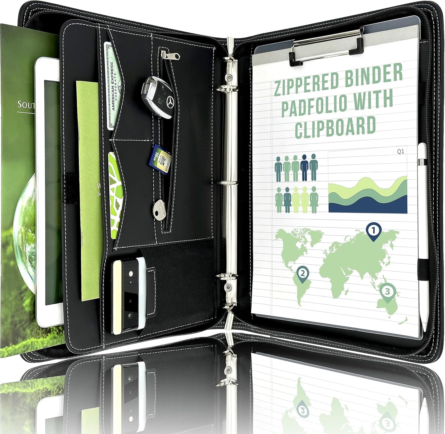 STYLIO Zipper Padfolio Portfolio Binder Organizer | Faux Leather Portfolio for Resume, Documents, Phone, Tablet, Business Supplies and Cards | Notebook Organizer with Letter Sized Notepad Included